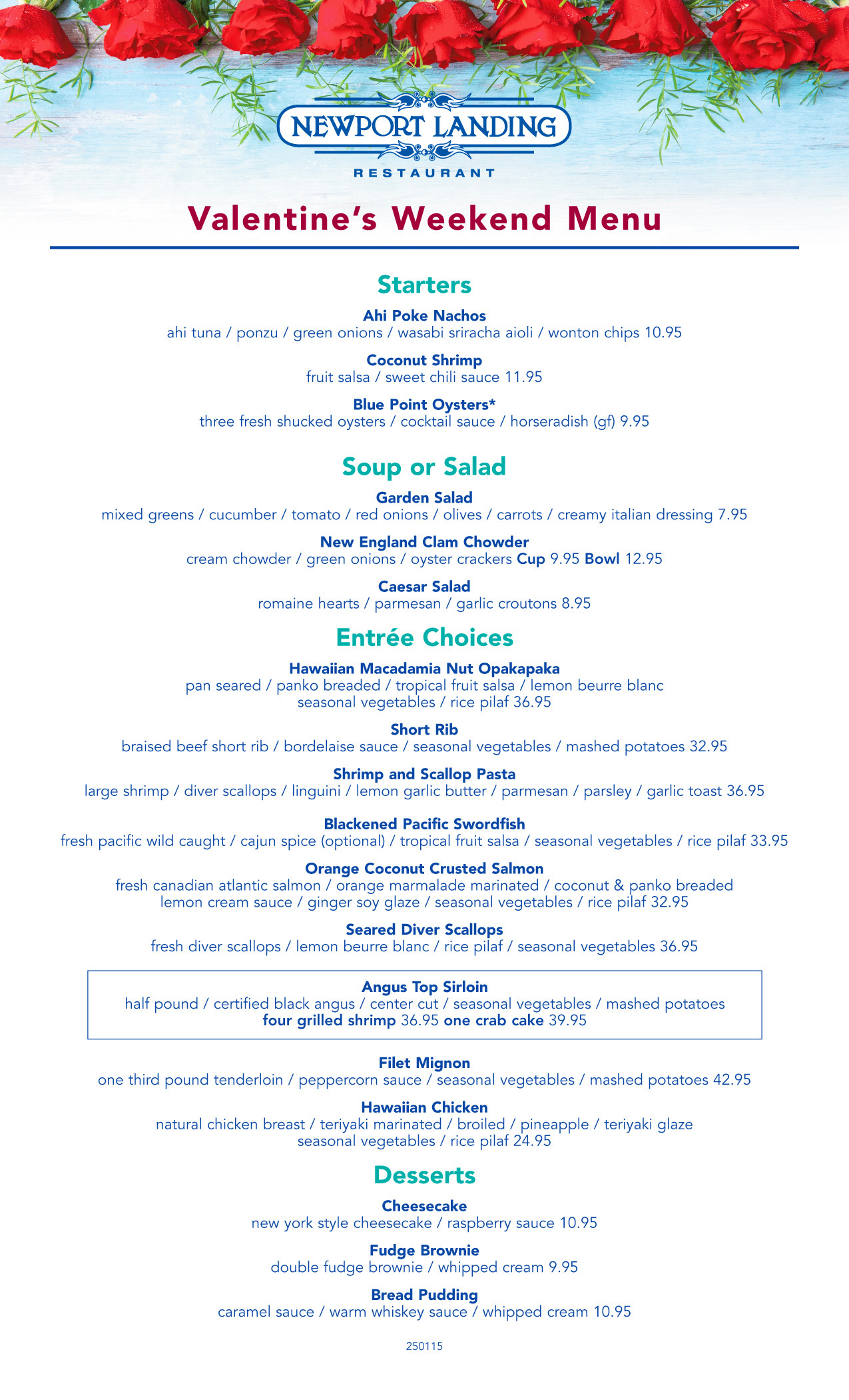 Our Valentine's Weekend Menu is limited - please call us at 949-675-2373 if unable to read this image.